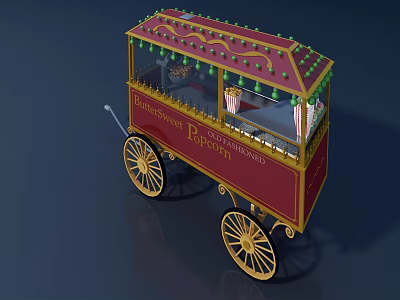 Rococo Style Functional Cart with Red Body and Green Decorations for Mobile Dessert Selling 3d model