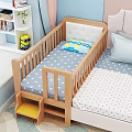 Wooden Kids Bed with Gray Polka Dot Mattress Blue Pillow and Yellow Step in Room