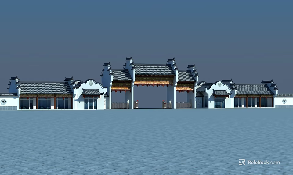 Traditional Chinese Entrance Gate with Classic Eaves Roof and Symmetric Architectural Design 3d model 