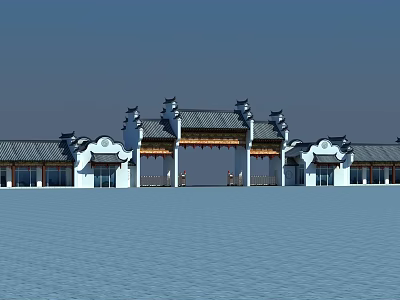 Traditional Chinese Entrance Gate with Classic Eaves Roof and Symmetric Architectural Design 3d model