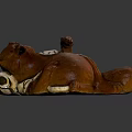Brown Bear Sculpture in Lying Posture with Cloth Decoration and Wooden Texture