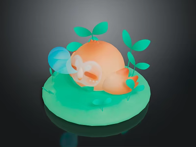 Lush Green Scenic View With Grass Leaves Blue Flower And Cute Cartoon Figure 3d model