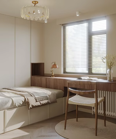 Modern Tatami Bedroom Interior Design With Bed Desk Chair And Window Blinds 3d model