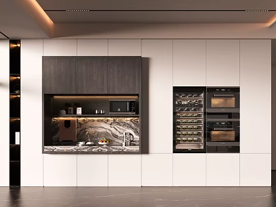 Modern Tea Room Interior Design With Wooden Cabinets Marble Countertop And Appliances 3d model