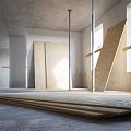 Unfinished Interior Space With Concrete Walls Metal Pillars Wooden Planks And Windows