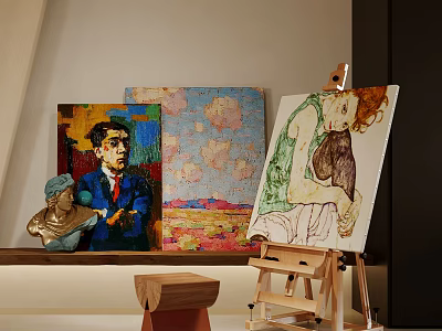 Creative Art Studio Setup with Wooden Easel Colorful Canvas Paintings and Art Supplies 3d model