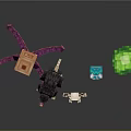 Skeleton Character And Black Wolf Creature With Orange Tentacled Block Blue Tower And Green Cube