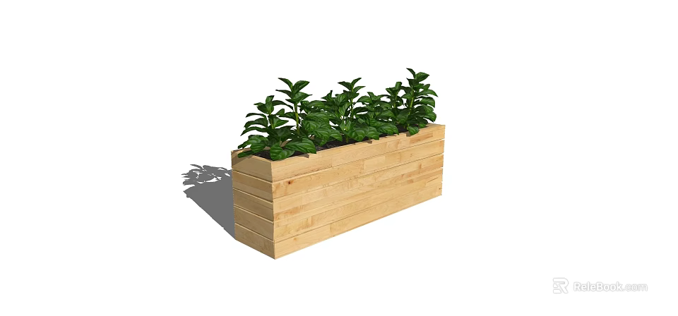 Lush Green Potted Plants In Wooden Rectangular Planter For Home Garden 3d model 