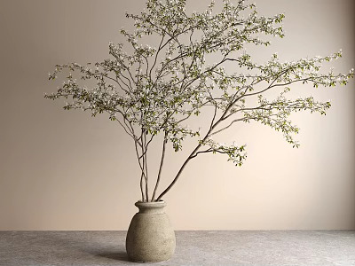 Bonsai Plant in Terracotta Pot with Branches Green Leaves and White Flowers on Gray Floor 3d model