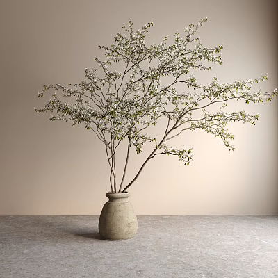 Bonsai Plant in Terracotta Pot with Branches Green Leaves and White Flowers on Gray Floor 3d model