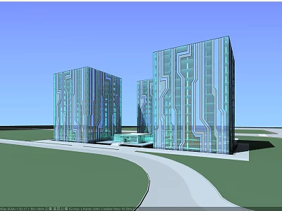 Modern Glass Office Building With Geometric Design Green Lawn And Curved Pathway 3d model
