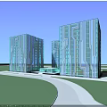 Modern Glass Office Building With Geometric Design Green Lawn And Curved Pathway