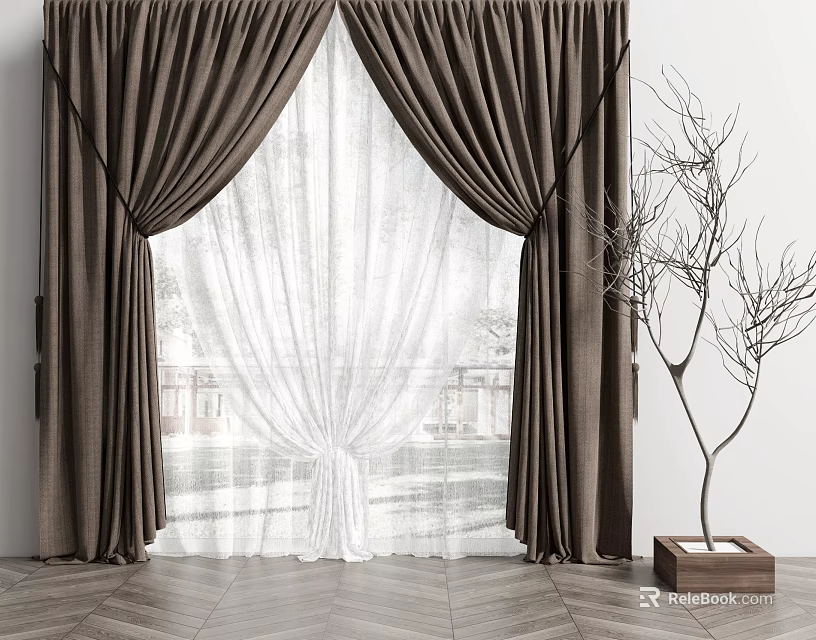 Brown Curtains With White Sheer Curtain And Bare Branch Decor With Natural Light 3d model 