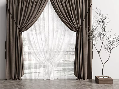Brown Curtains With White Sheer Curtain And Bare Branch Decor With Natural Light 3d model