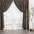 Brown Curtains With White Sheer Curtain And Bare Branch Decor With Natural Light