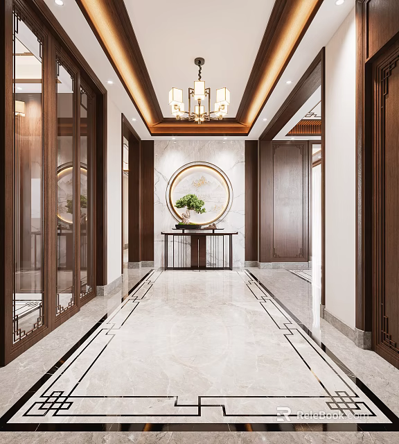 Elegant Modern Foyer Hallway With Chandelier Circular Decor Green Plant And Marble Floor 3d model 