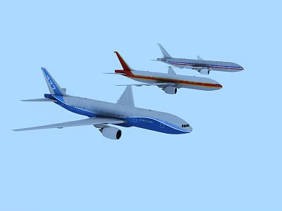 Three Passenger Planes Flying In Blue Sky With Blue White Orange And Gray Colors 3d model