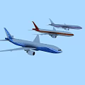 Three Passenger Planes Flying In Blue Sky With Blue White Orange And Gray Colors