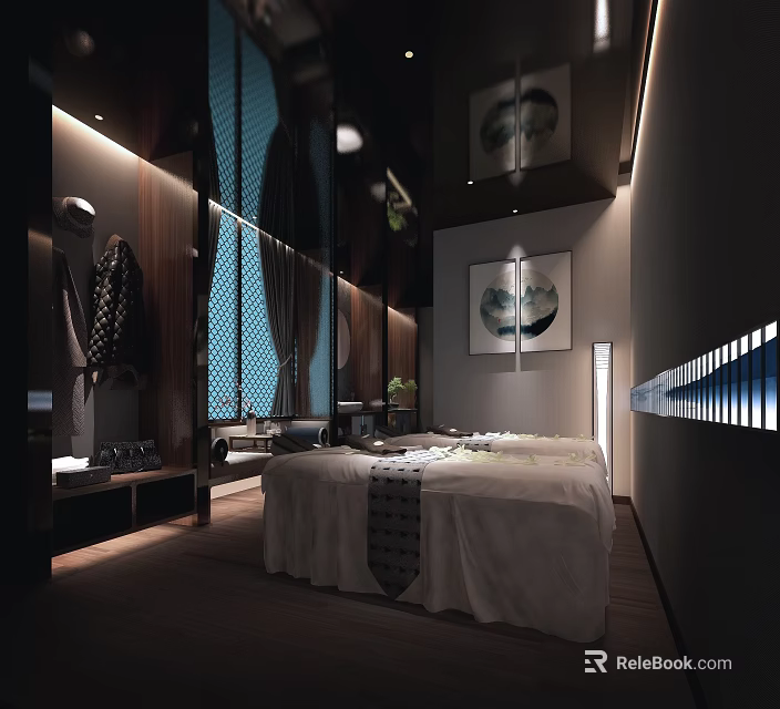 Relaxing SPA Sauna Interior With Massage Bed Wooden Elements And Soft Lighting 3d model 