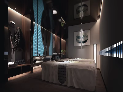 Relaxing SPA Sauna Interior With Massage Bed Wooden Elements And Soft Lighting 3d model