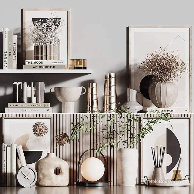 Ornamental Decor Collection With Vases Books Potted Plants Sculptures And Decorative Shelves 3d model 