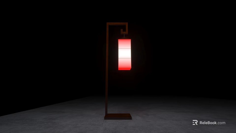 Red Rectangular Lantern With Wooden Stand Illuminated In Dark Room Setting 3d model