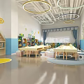 Bright Kindergarten Interior Featuring Bookshelves Tables Chairs Circular Lights Blue White Walls Yellow Mats