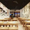 Modern Restaurant Interior With Open Kitchen Wooden Tables Menu Boards And Wall Art