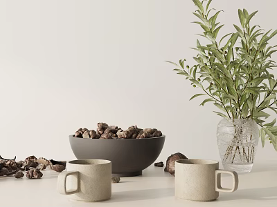 Decorative Ornament Set With Dark Gray Bowl Beige Mugs Clear Vase And Green Plant 3d model