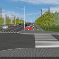 Urban Municipal Road with Green Trees Street Lamps Moving Vehicles and Zebra Crossings