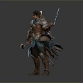 Man In Fantasy Warrior Outfit Holding Bow And Glowing Arrows With Cloak