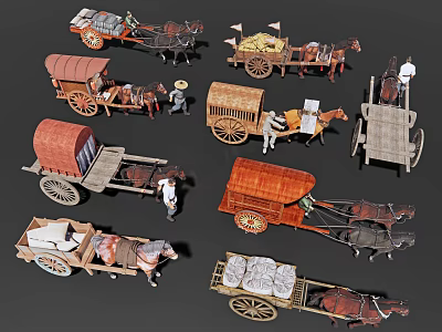 Various Types of Horse Drawn Carriage Models with Wooden Structures Cargo and Drivers 3d model