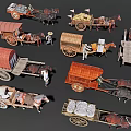 Various Types of Horse Drawn Carriage Models with Wooden Structures Cargo and Drivers