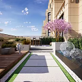 Garden Landscape Design With Patio Dining Table Purple Flowering Tree And Water Feature