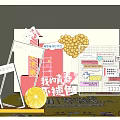 Youthful Trendy Display Area With Yellow Background Red Structure And Lemon Elements