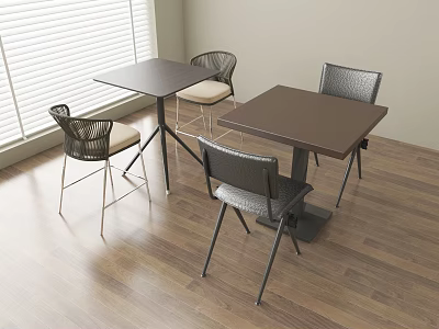 Square Table and Chair Set with Black Frame Woven Backrest Light Cushions and Wooden Floor 3d model