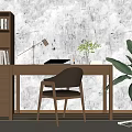 Minimalist Modern Wooden Desk Workspace With Bookshelf Table Lamp And Green Plant
