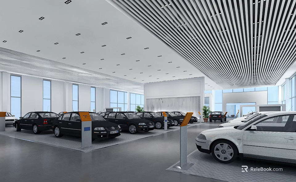 Car Dealership Showroom With Neatly Arranged Cars Spacious Bright Interior Large Windows And Striped Ceiling 3d model 