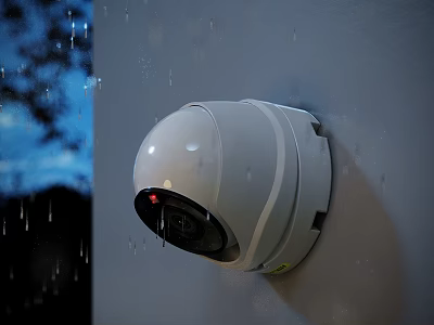 Outdoor Security Camera Wall Mounted With Red Light Indicator Working On Rainy Night 3d model