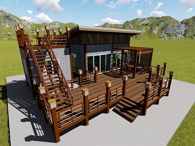 Wooden Deck House with Staircase Mountain View and Green Grassland Surroundings 3d model