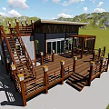 Wooden Deck House with Staircase Mountain View and Green Grassland Surroundings
