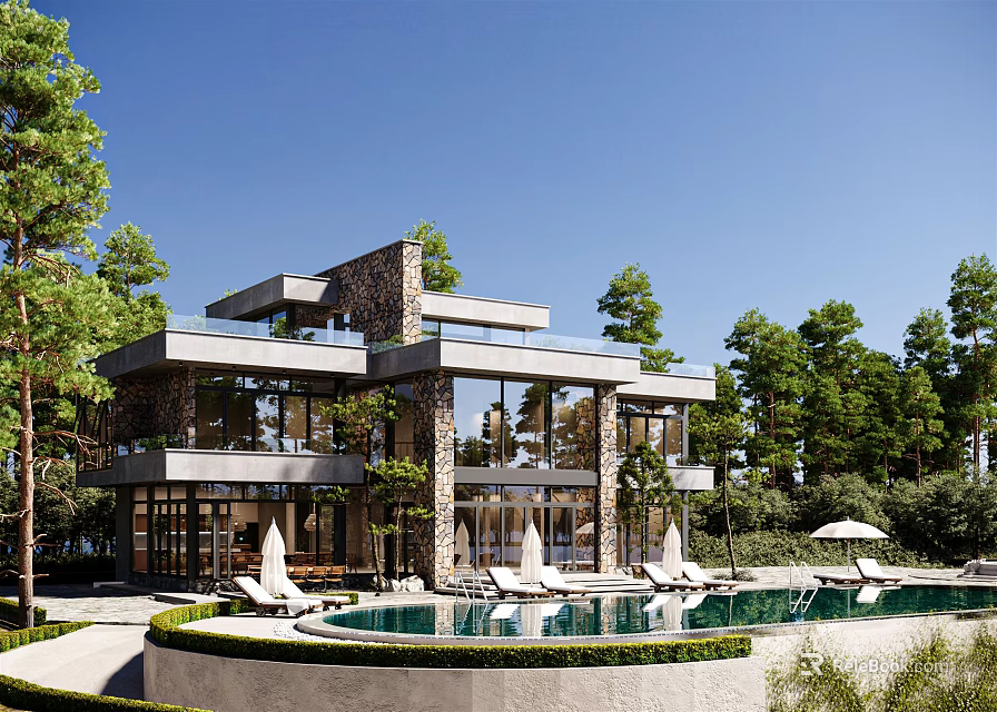 Modern Detached Villa With Large Windows Stone Wall Swimming Pool Surrounded By Trees 3d model 