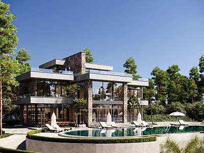 Modern Detached Villa With Large Windows Stone Wall Swimming Pool Surrounded By Trees 3d model