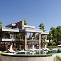Modern Detached Villa With Large Windows Stone Wall Swimming Pool Surrounded By Trees