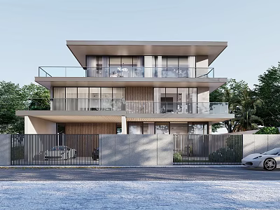 Modern Two Storey Detached Villa With Balcony Large Glass Windows Private Driveway And Greenery 3d model