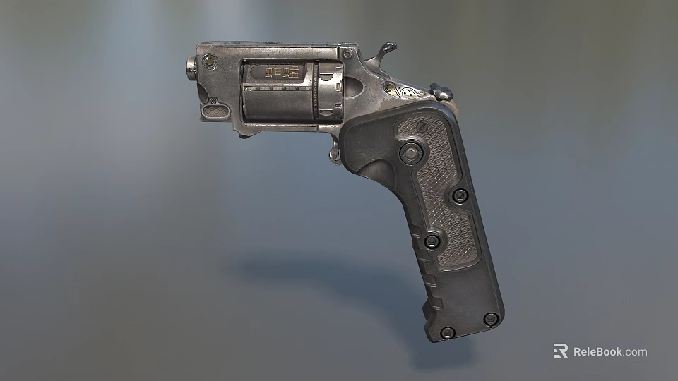 Classic Metal Revolver With Black Grip And Cylinder Details On Gray Surface 3d model 