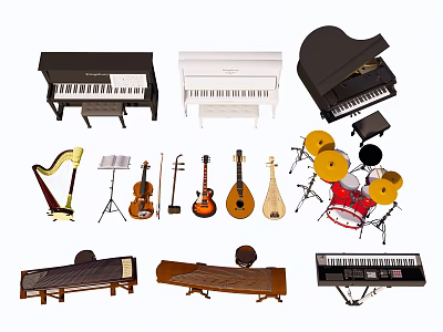 Various Musical Instruments Collection Including Pianos Harp Violin Guitar Drums And Zithers 3d model