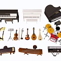 Various Musical Instruments Collection Including Pianos Harp Violin Guitar Drums And Zithers