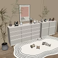 White Entryway Cabinet And Sideboard With Decorative Items Plants Poster And Rug