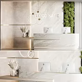Modern Marble Reception Desk With Logo Display Green Living Wall Computer Monitors And Hanging Lights